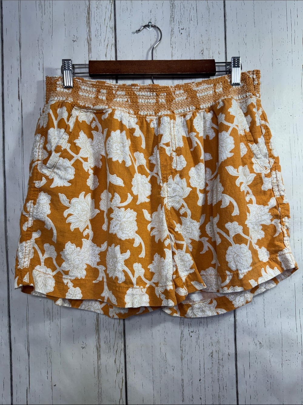 Briggs Mustard Floral Linen Blend Pull On Shorts Size L Boho Cottagecore Resort